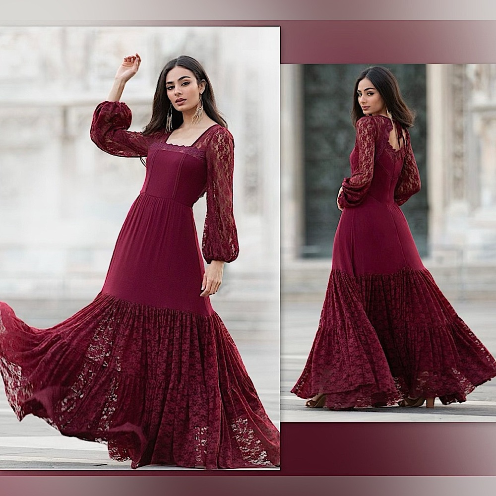 Joyfolie Burgundy Lace Maxi Dress
